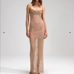 Self-Portrait Tan Rhinestone Fishnet Maxi - Size 6